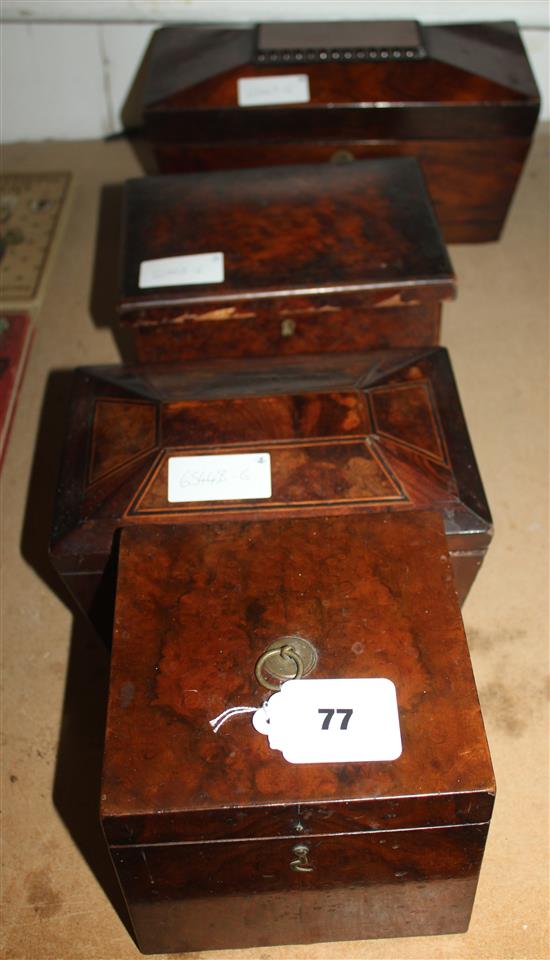 3 tea caddies & a jewellery box